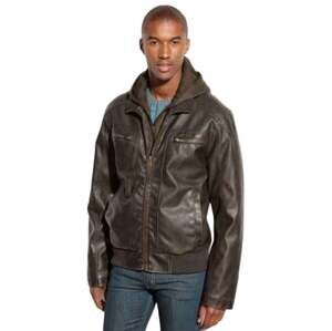 Sean John Men's Faux Leather Hooded Bomber Jacket